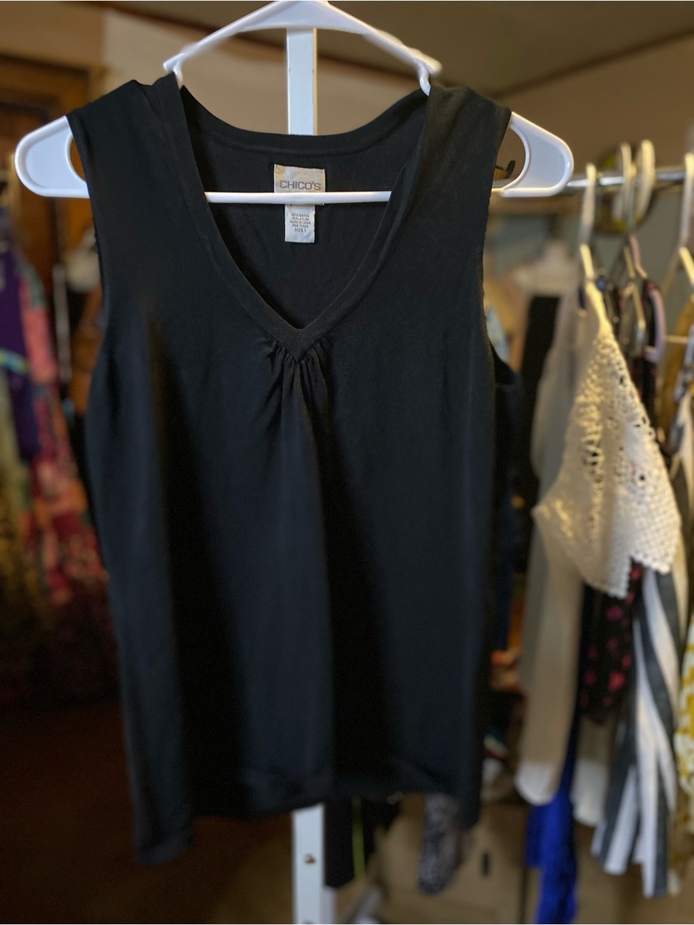 Chico's Black V-Neck Sleeveless Tank with Gathered Front